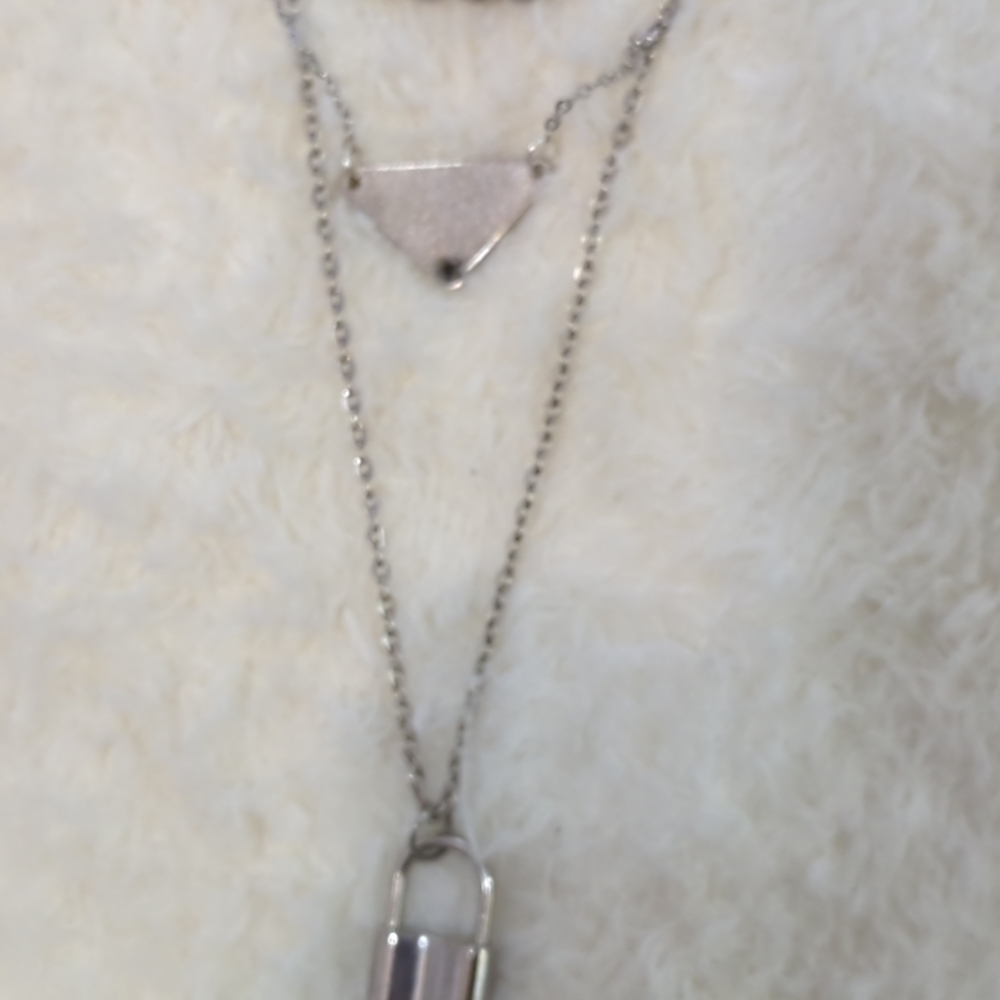 Prada Silver Black Triangle Logo Upcycled Layered Necklace Lock Chain Authentic - Picture 3 of 4